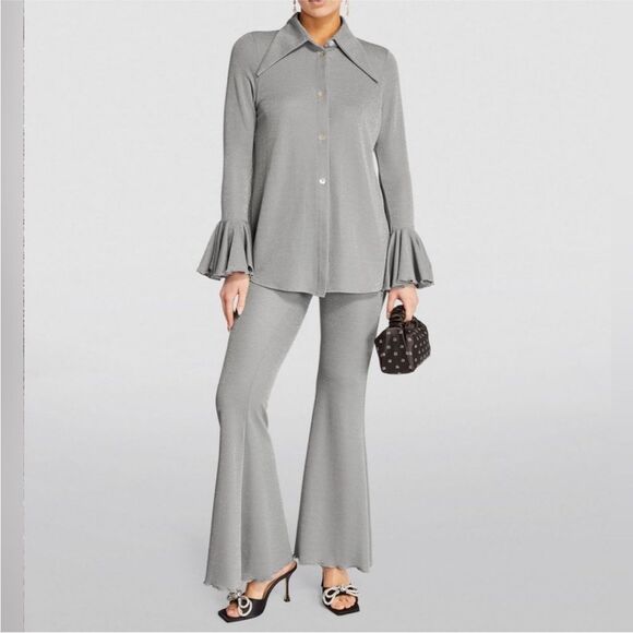 Sleeper Venera Lurex Lounge Suit Set Top and Pants Silver Flared Cuffs NWT $350 - Picture 8 of 11